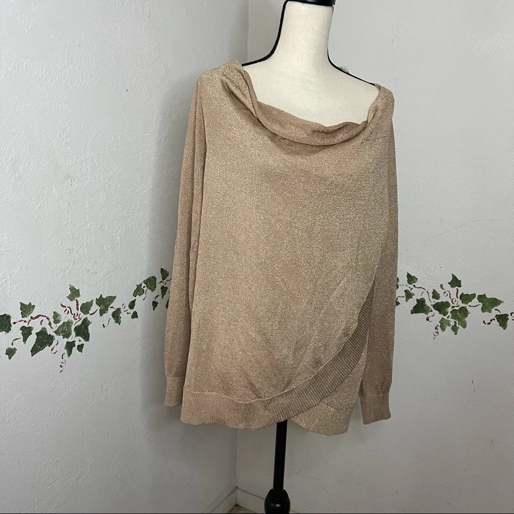 International Concepts INC Womens Gold Metallic Long Sleeve Scoop Neck Faux Wrap - Picture 3 of 15